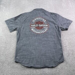Harley Davidson Shirt Mens Large Grey Chambray Biker Patch Logo Button Up